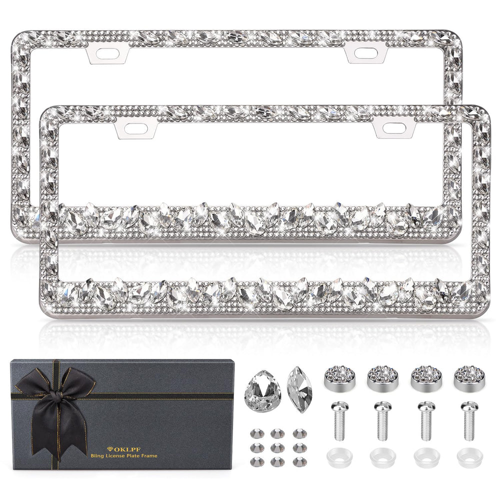 OKLPF rhinestone frame with diamond detail adds luxe sparkle to your ride
