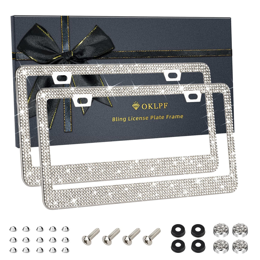 OKLPF White Bling license frame shines in sunlight to boost your car’s style.