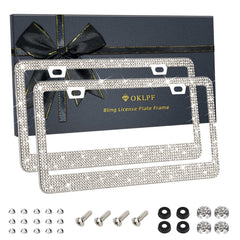 OKLPF White Bling license frame shines in sunlight to boost your car’s style.