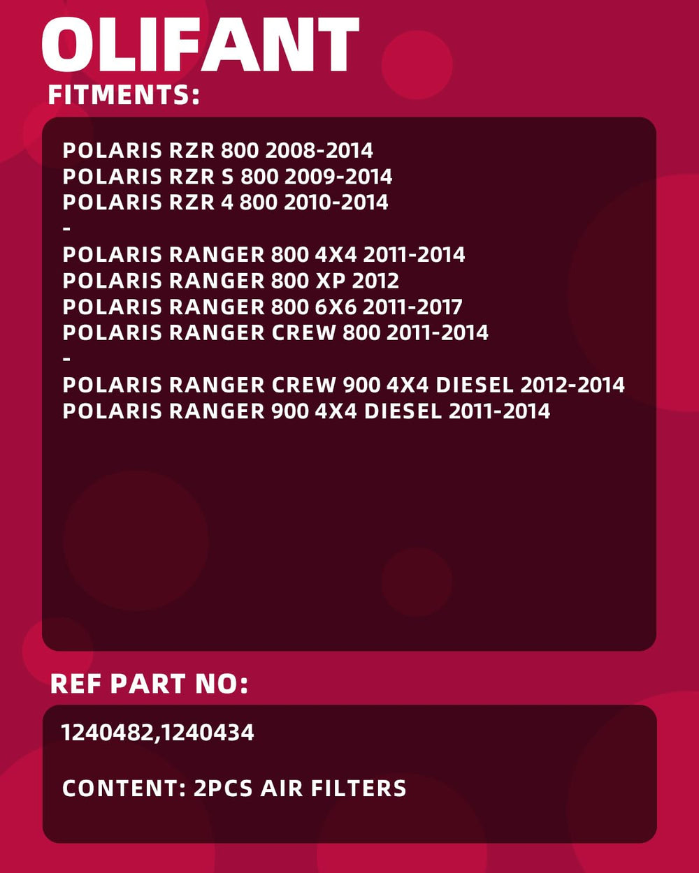 OLIFANT Polaris Ranger 800 air filter pair for reliable airflow
