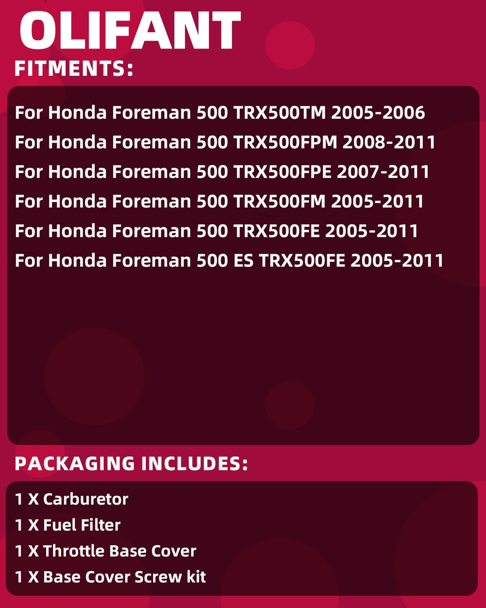 OLIFANT carburetor for Honda Foreman 500; side view highlights compact design.