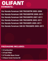 OLIFANT carburetor for Honda Foreman 500; side view highlights compact design.