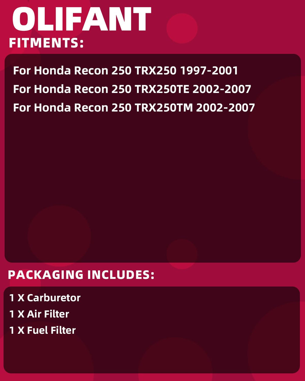 OLIFANT Honda Recon carburetor with air filter included to simplify maintenance.