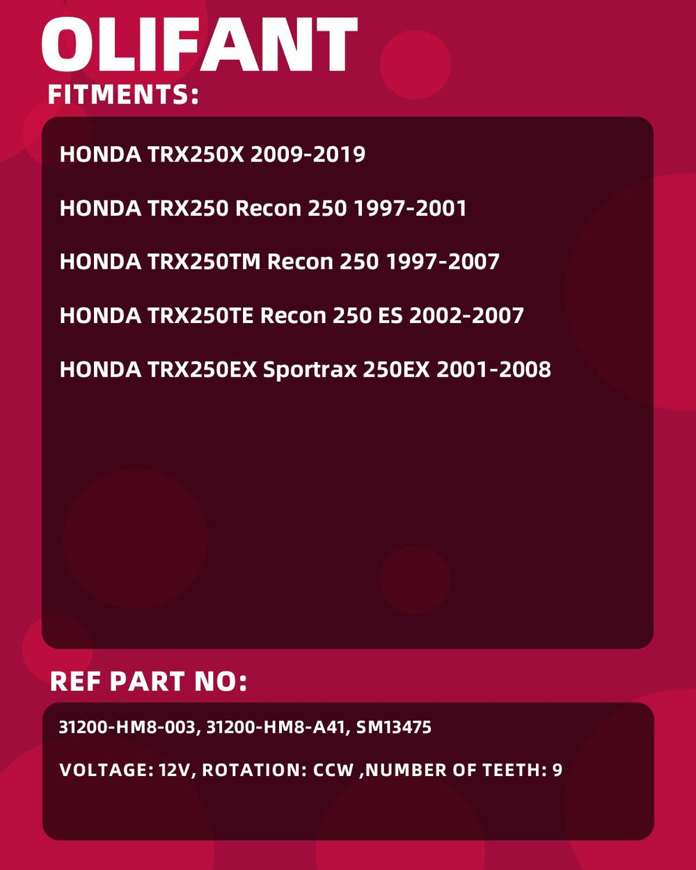 OLIFANT Honda Recon 2002-2007 assembly view demonstrates reliable cranking power.