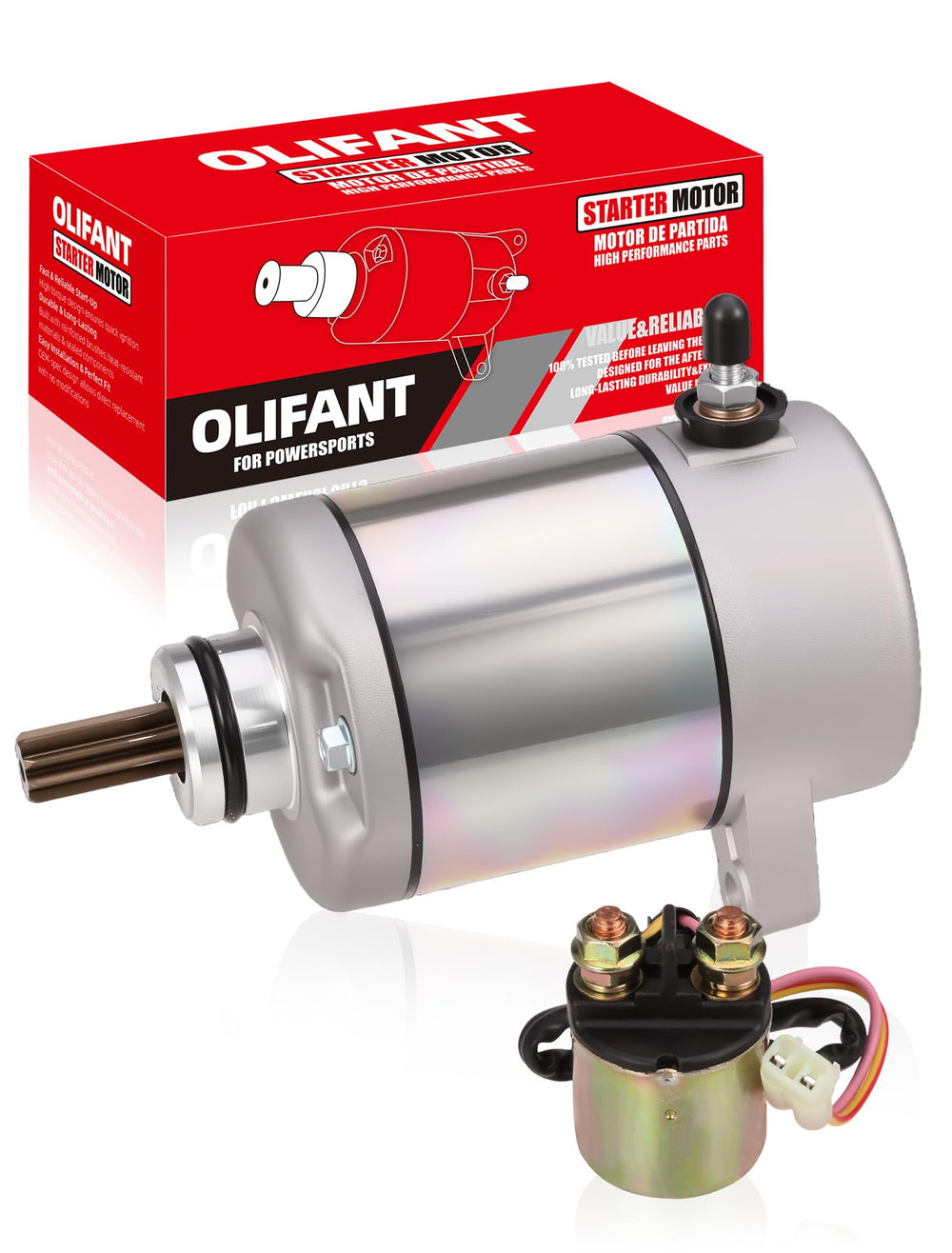 OLIFANT starter motor for Honda Rancher 350 — front view, compact and reliable.