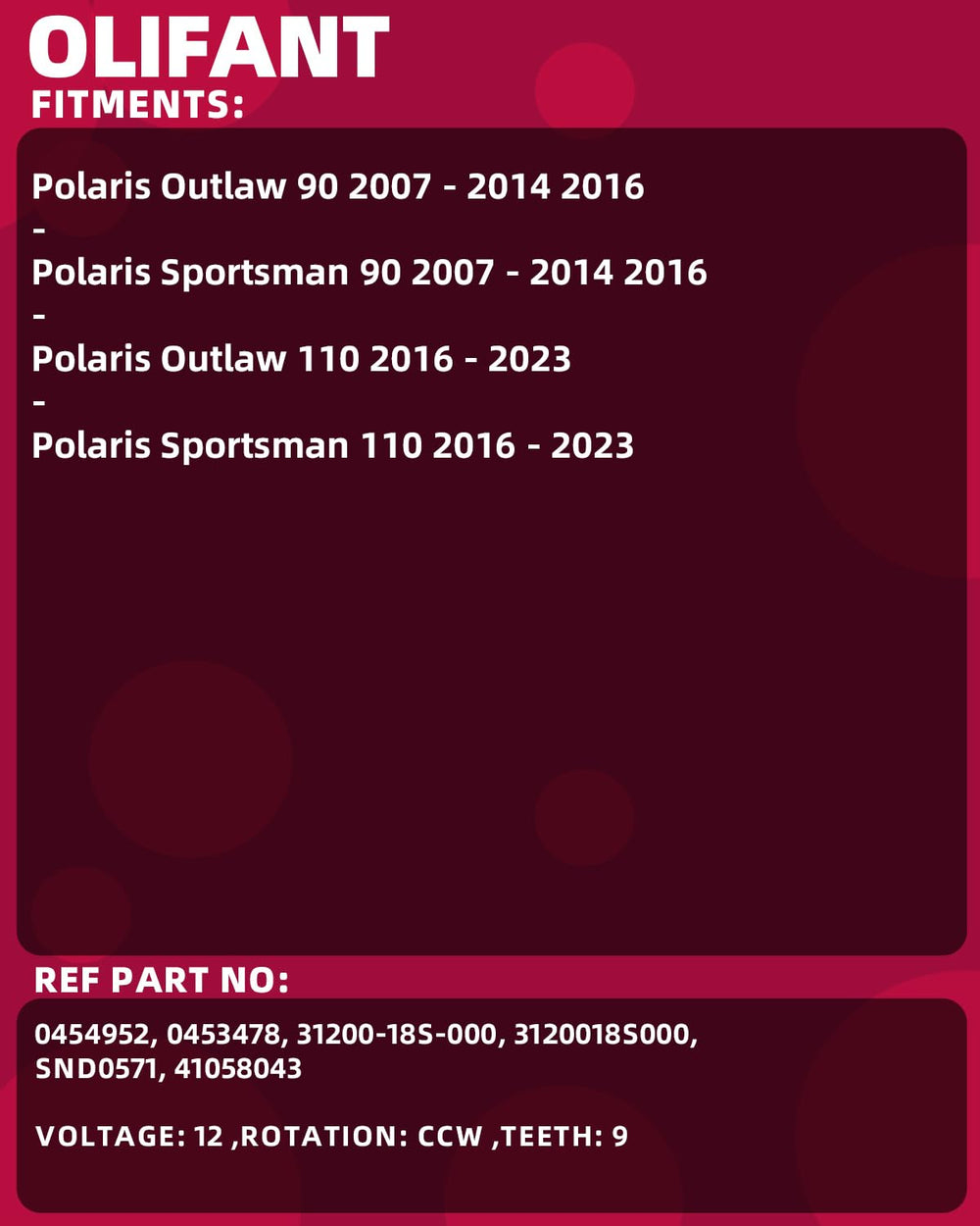 OLIFANT Polaris Outlaw 110 starter for 2016-2023 models
