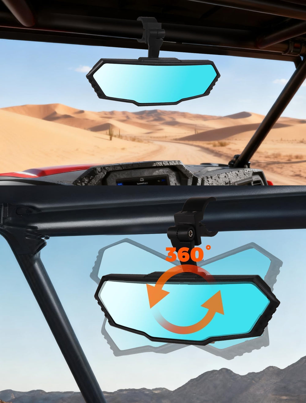 OLIFANT UTV rearview mirror offers 360-degree pivot for quick rear checks.