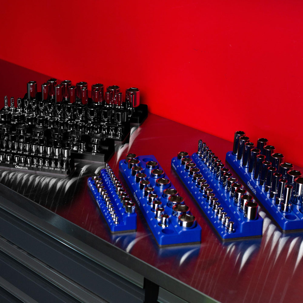 Olsa Tools blue magnetic organizer enhances garage organization and efficiency.