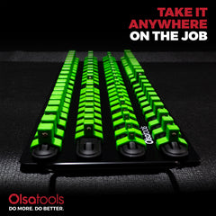 Olsa Tools clip-and-rail system securely holds 1/4, 3/8, and 1/2 inch sockets.