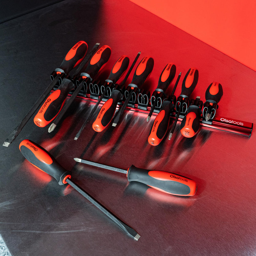 Olsa Tools flexible clips fit various tool sizes for easy organization.