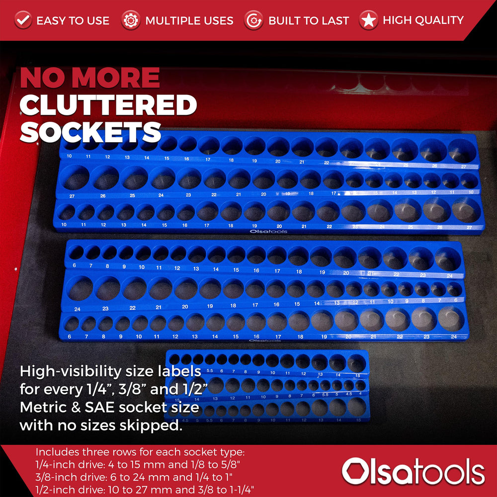 Olsa Tools magnetic socket organizer showing scratch-free rubberized base