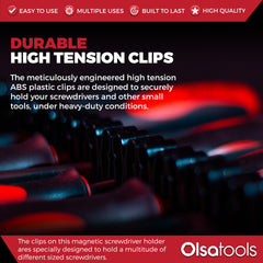 Olsa Tools magnetic tool holder on steel surface offers versatile storage.