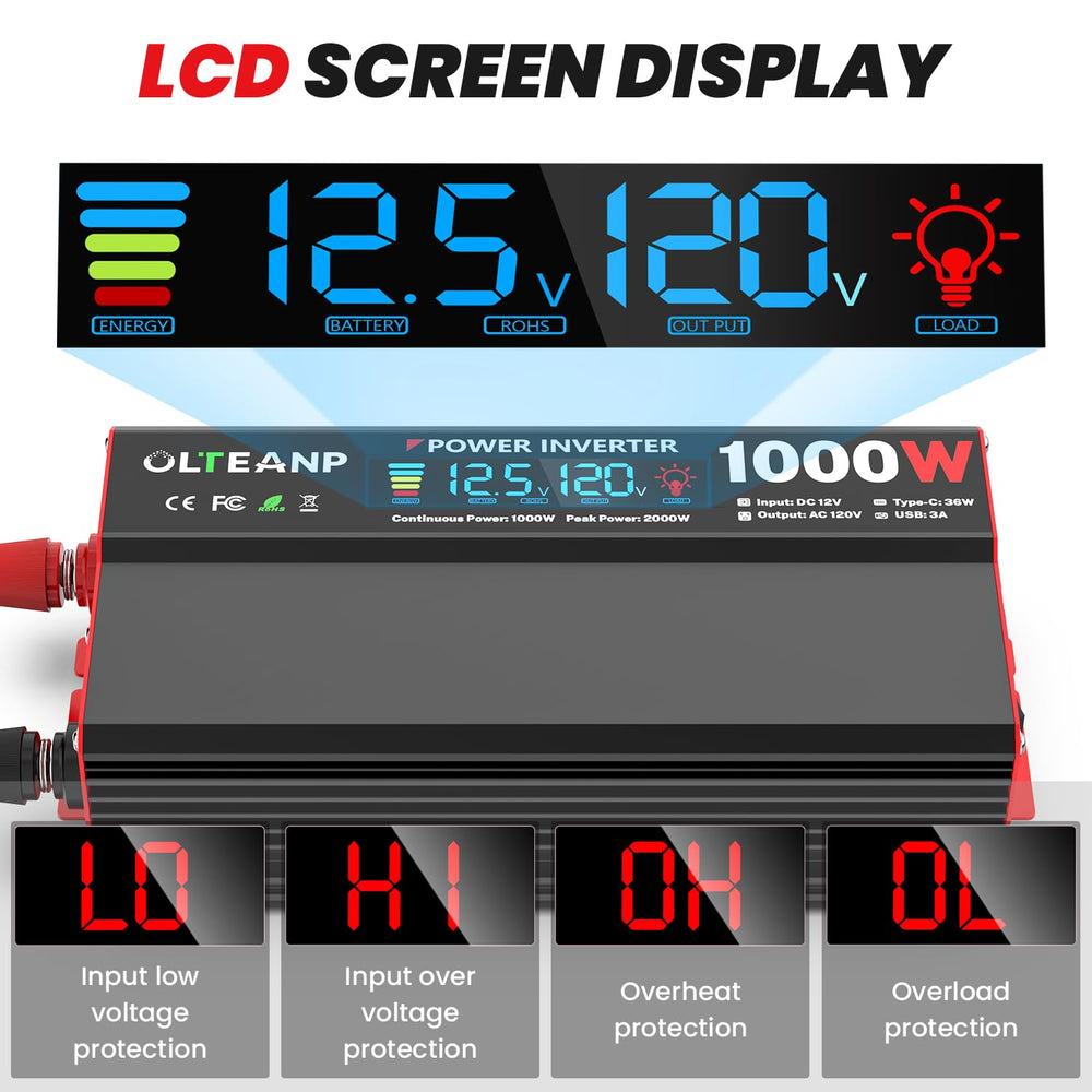 OLTEANP inverter LCD display shows real-time voltage for safe use