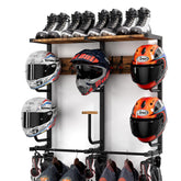 OMISRUIS helmet rack with 6 J-hooks showing organized helmets for easy access