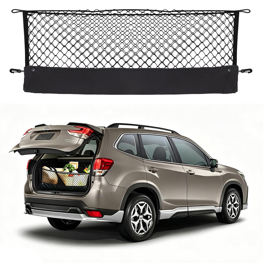 Omocyra envelope style cargo net for Forester SK trunk setup improves organization