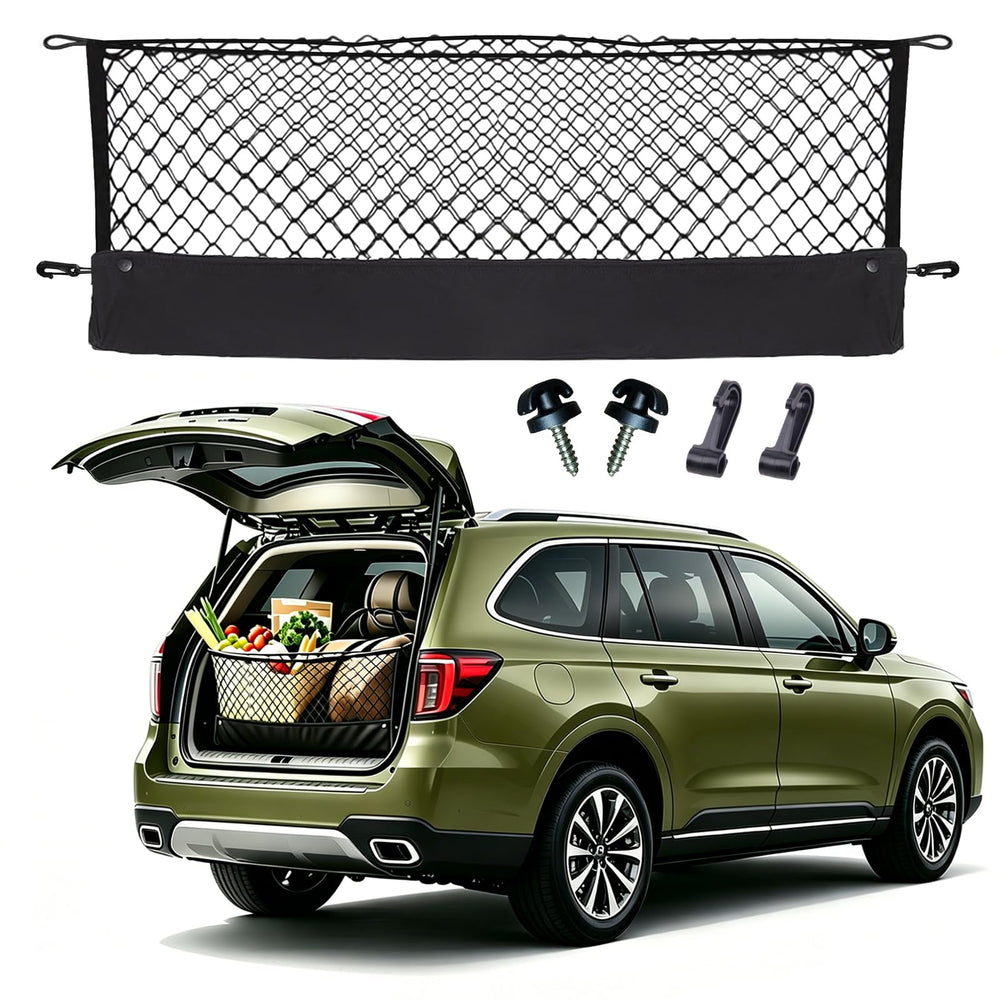 Omocyra envelope-style trunk cargo net installed in Outback for secure cargo storage.