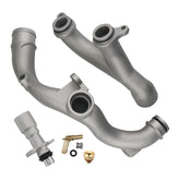 omoZone upgraded coolant outlet pipes kit front view, durable aluminum for reliable engine cooling.