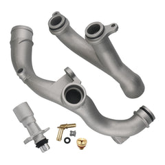 omoZone upgraded coolant outlet pipes kit front view, durable aluminum for reliable engine cooling.