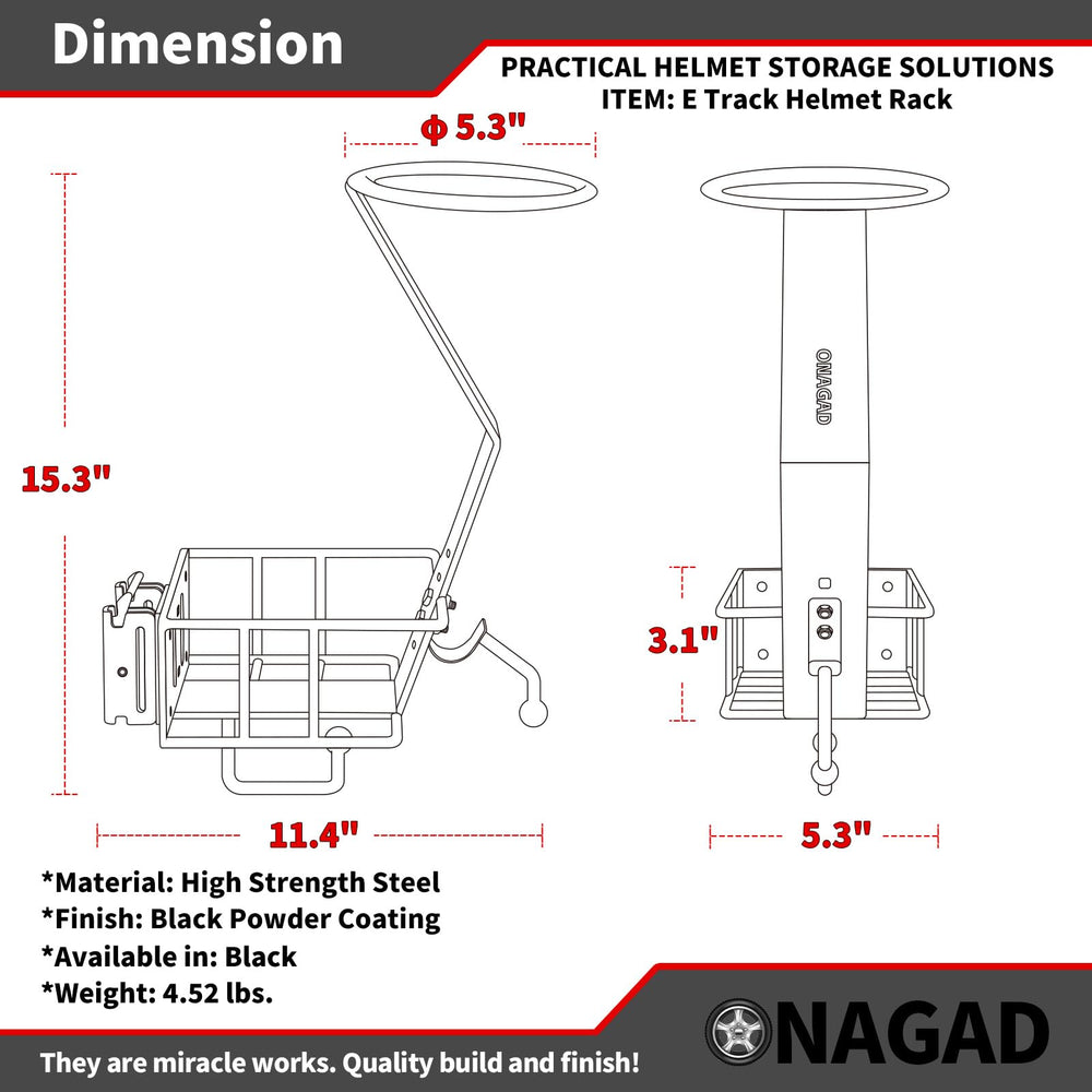 ONAGAD E Track helmet rack features chin-strap fixing hook for secure transport.