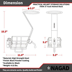 ONAGAD E Track helmet rack features chin-strap fixing hook for secure transport.