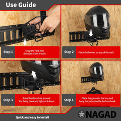 ONAGAD E Track helmet rack keeps helmets scratch-free with bottom gloves hanger.