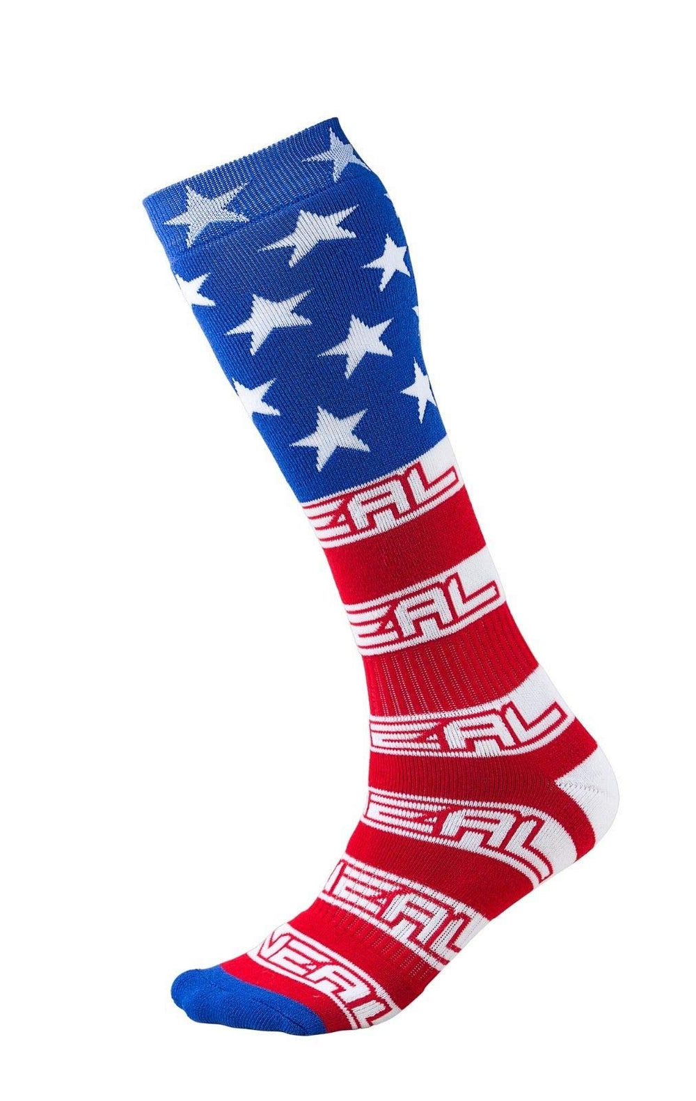 O'NEAL Pro MX USA Sox knee-high in red, white, and blue for secure motocross coverage