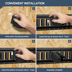 Onesnt zinc-coated brackets clip into E-Track rails for easy shelf customization