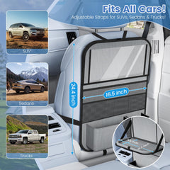 Oneyus backseat organizer shows tablet holder for secure devices during rides.