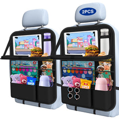 Oneyus car backseat organizer with foldable table tray enables easy meals on the road.