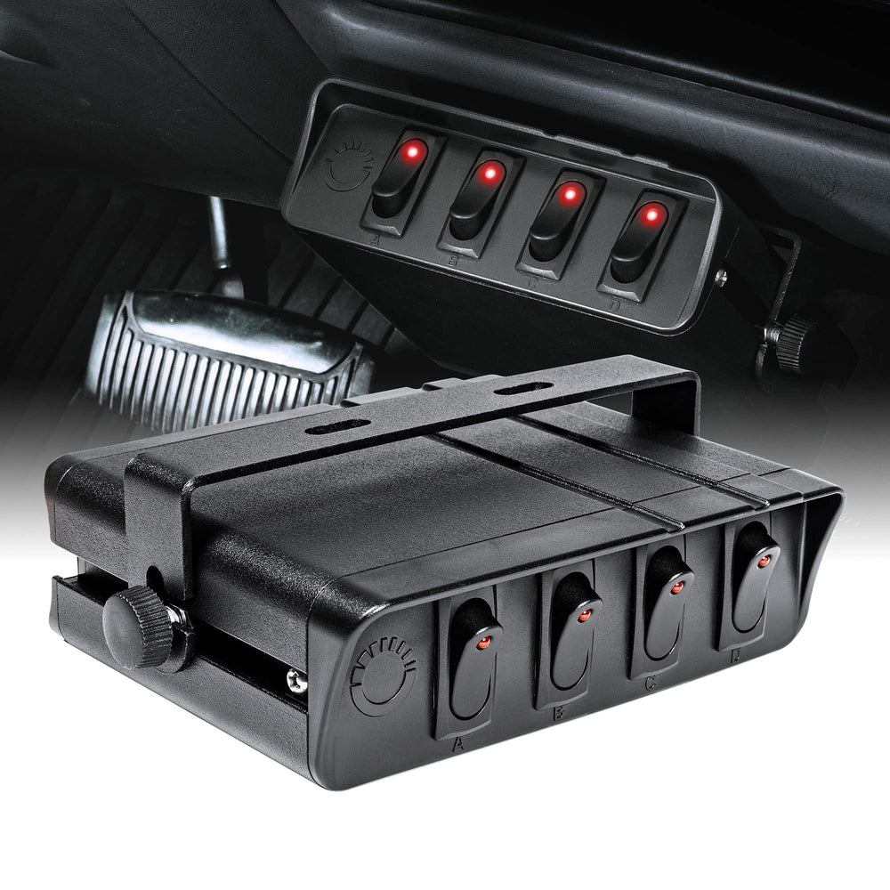 Online LED Store True Mods 4-Gang 12V switch box front view shows rugged aluminum housing for durability