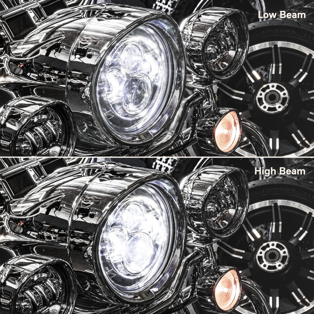ONLINE LED STORE True Mods 7in Harley CAN bus headlight, flicker-free operation.
