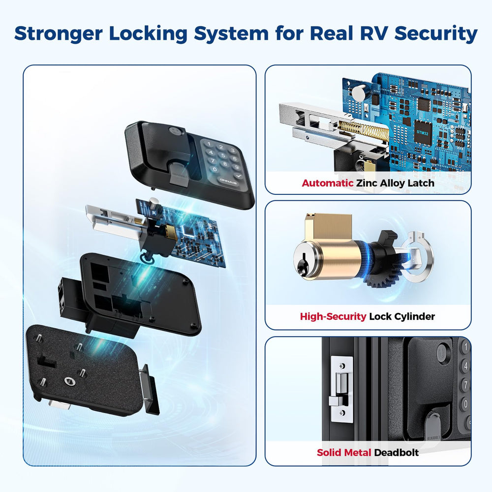 ONNAIS RV door lock dual fob remote controls both doors from over 100 feet.