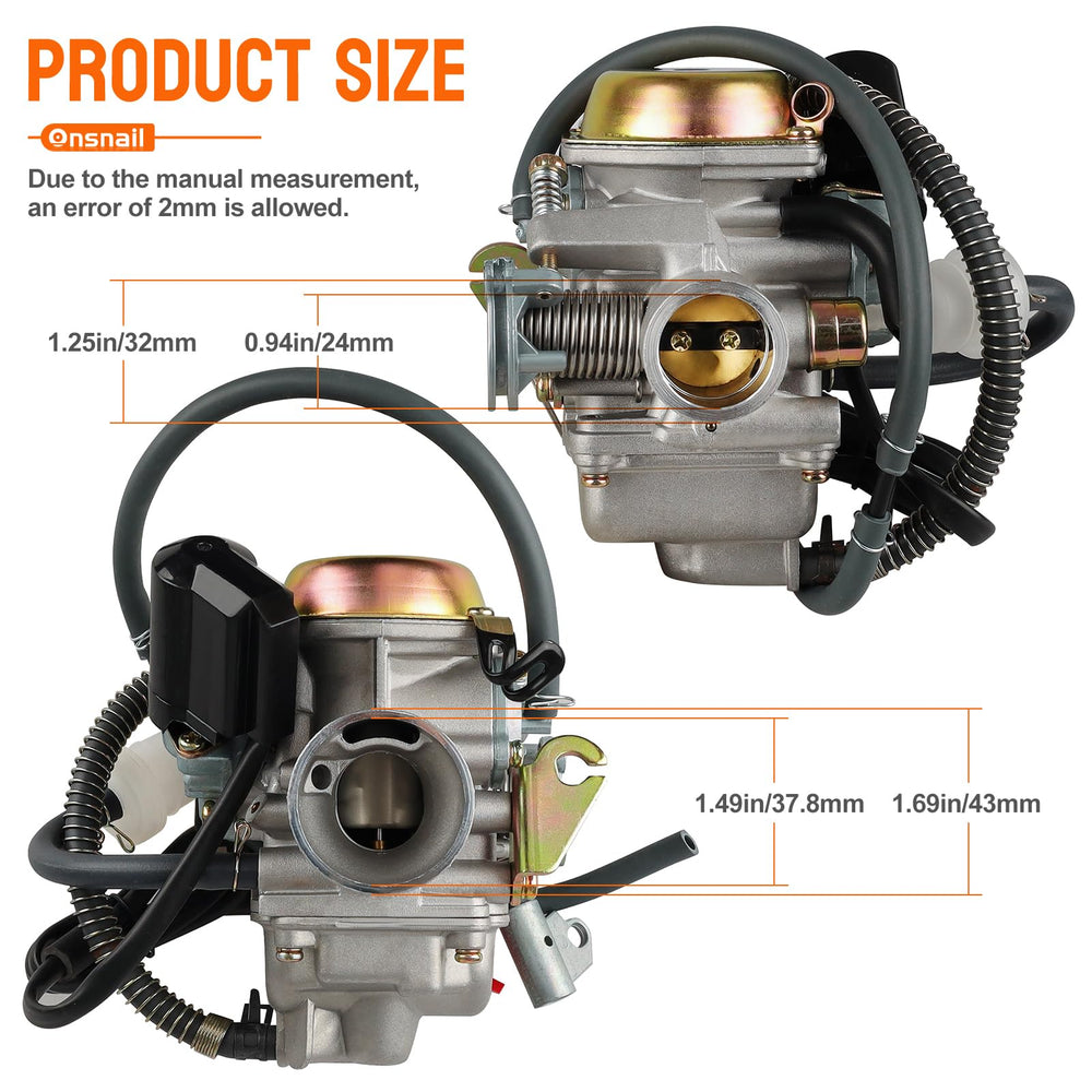 Onsnail PD24J carburetor side view with electric choke for reliable starts