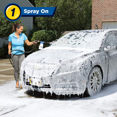 Ontel Carwash Cannon attached to a hose for quick, easy car cleaning.