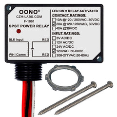 OONO relay module with polycarbonate enclosure and LED indicator for quick status checks.