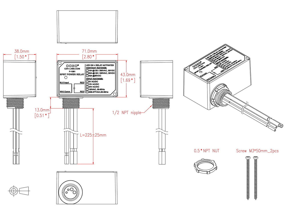OONO SPST relay with two screw mounting holes for wall or board installation.