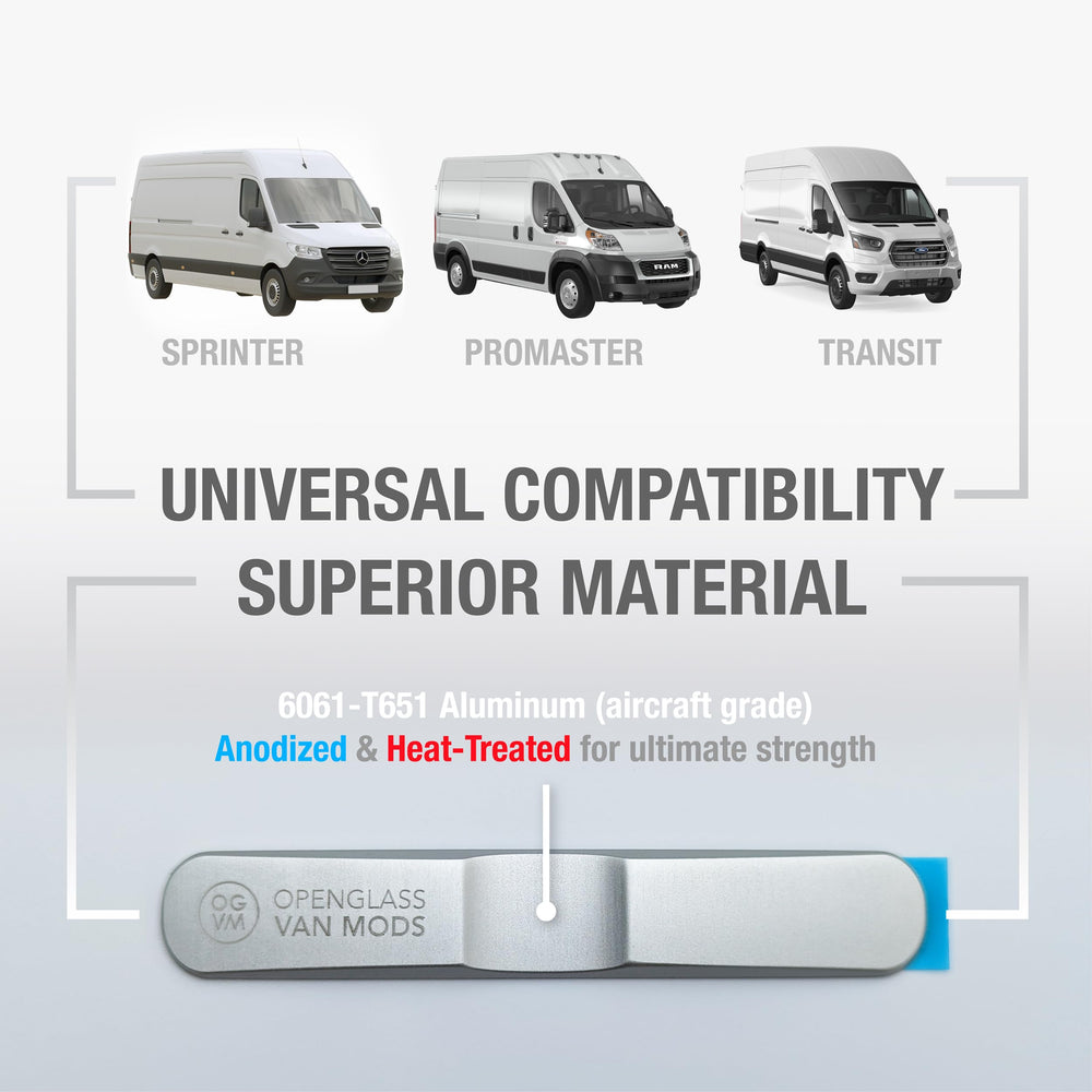 OpenGlass Van Mods universal-fit stopper works with Sprinter, Promaster, and Transit.