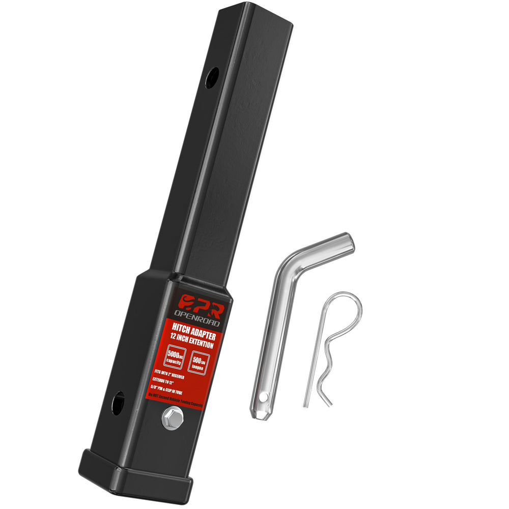 OPENROAD trailer hitch extension highlighting the 12-inch reach for safer towing with compatible receivers.