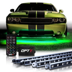 OPT7 Aura aluminum underbody light bars for cars, four-piece kit with rugged casing and vibrant glow