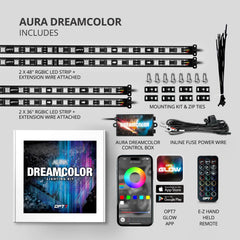 OPT7 Aura DreamColor packaging and accessories in a bundle.