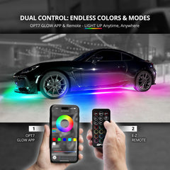 OPT7 Aura DreamColor LED strips installed under a vehicle for dynamic accents.