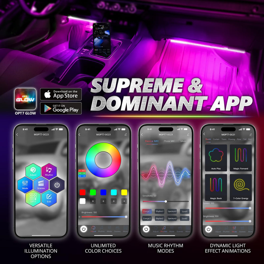OPT7 Aura Pro footwell lighting enhances visibility and mood.