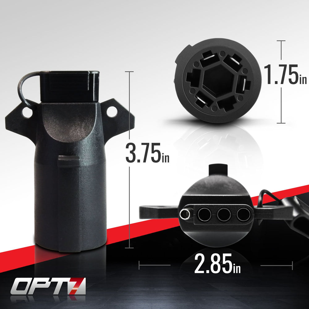 OPT7 weatherproof trailer adapter with rust-resistant prongs for all-season use.