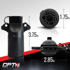 OPT7 weatherproof trailer adapter with rust-resistant prongs for all-season use.