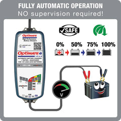 OptiMate 6-ampmatic connected to a vehicle battery during charge.