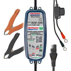 OptiMate Lithium 4s front view shows compact LiFePO4 charger ready for use.