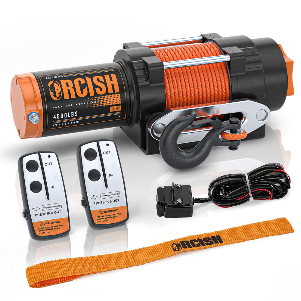 ORCISH 4500lb winch front view showing rugged all-metal housing for ATV recovery.