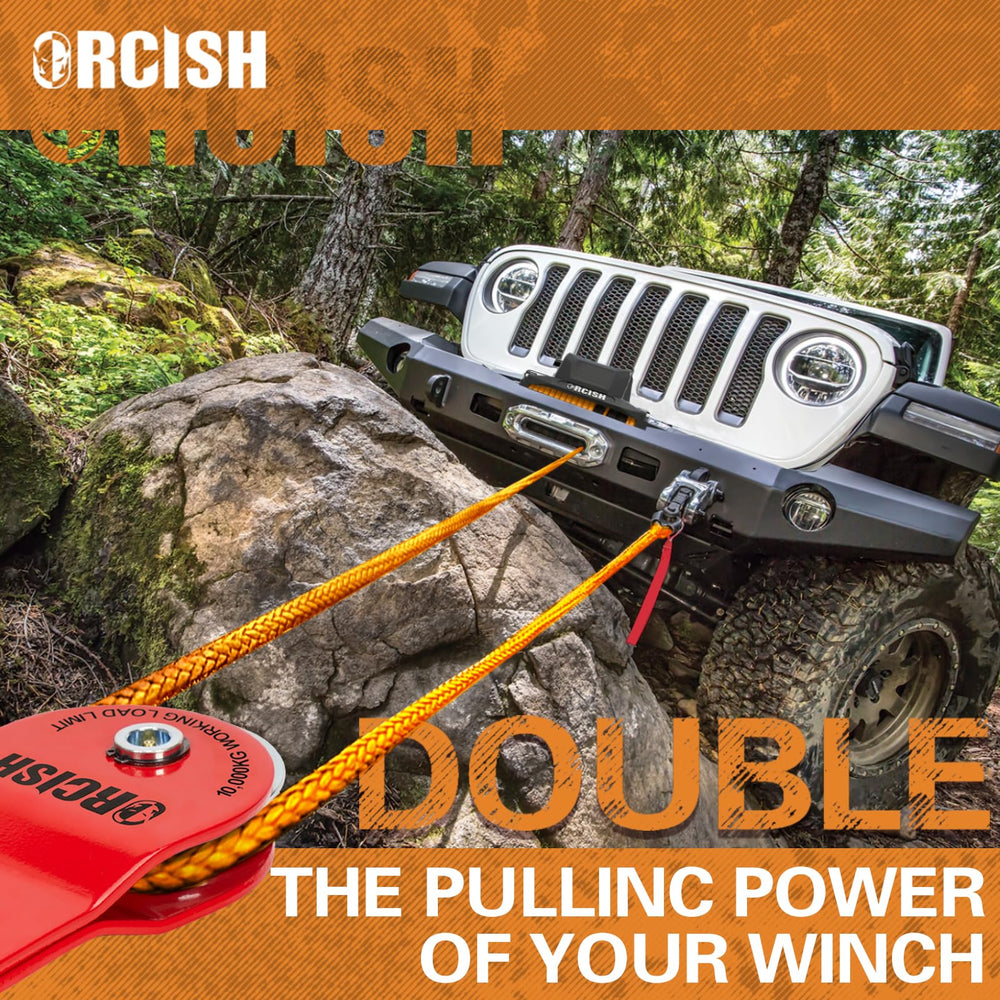ORCISH snatch block attached to winch setup enabling smoother line change.