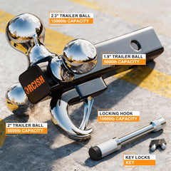 ORCISH tri-ball hitch self-lock latch shows secure connection and reduced strap slip