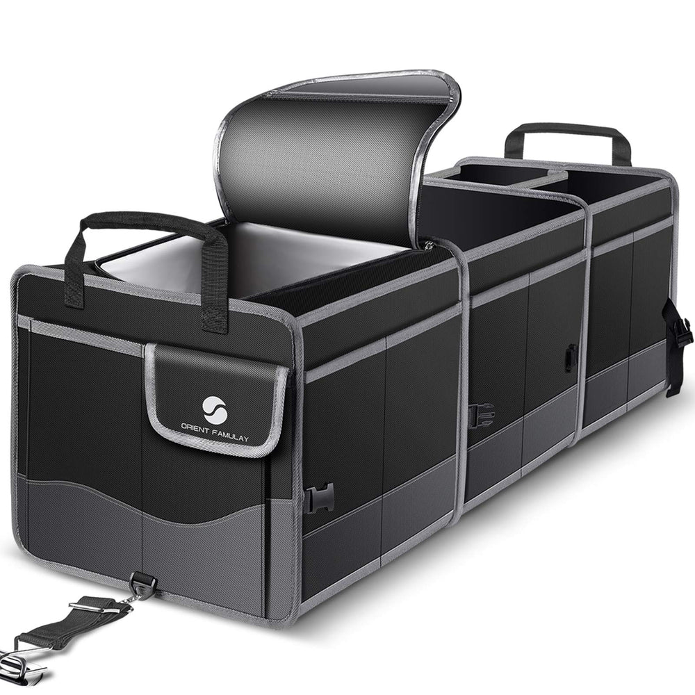 ORIENT FAMULAY trunk organizer with cooler lid keeps beverages cool on family trips.
